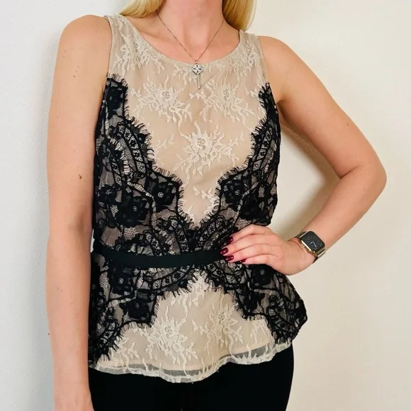 Ann Taylor LOFT Blouse Nude Eyelash Lace Ribbon Tie Peplum Tank Top - Picture 2 of 9